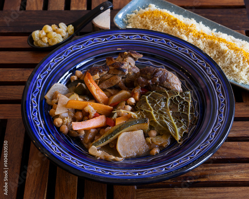 Close up of a tagine with couscous and ingredients on a wooden table