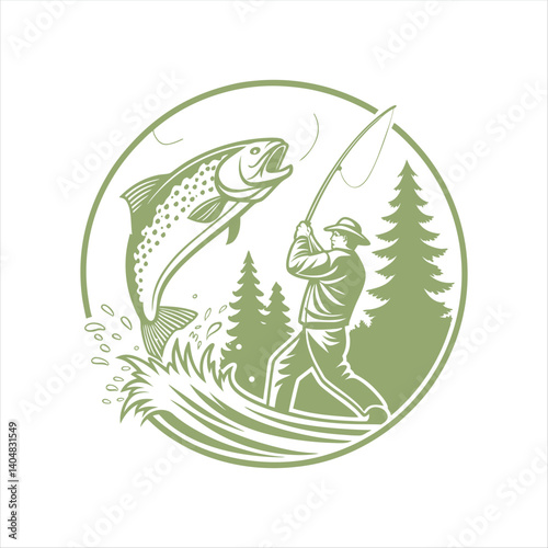 Vintage Fishing Logo – Fisherman Catching Trout in Forest River Scene
