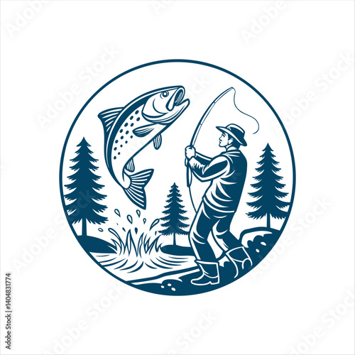 Vintage Fishing Logo – Fisherman Catching Trout in Forest River Scene