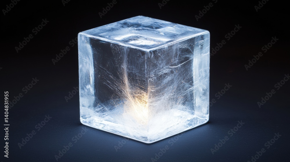 A cube of ice with a light shining through it. A cube of ice with a light shining through it.