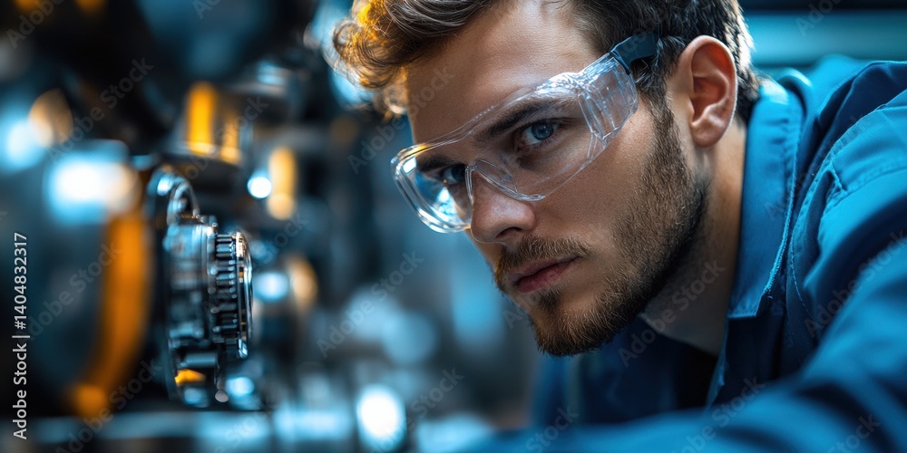 Focused engineer with safety glasses in manufacturing precision work and industrial design Focused engineer with safety glasses in manufacturing precision work and industrial design