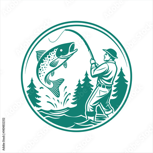 Vintage Fishing Logo – Fisherman Catching Trout in Forest River Scene