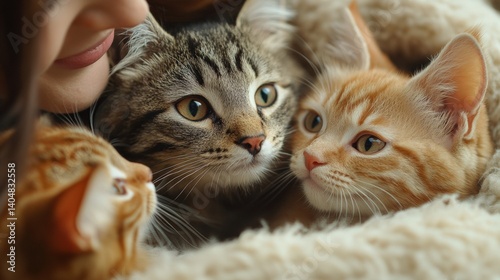 A trio of domestic shorthair cats including tabby and ginger kittens nestled together creates a cozy and heartwarming scene of feline companionship and comfort