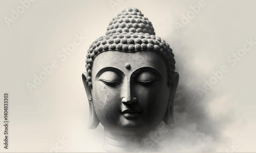 Monochrome Buddha Head Sculpture With Closed Eyes On Light Background Symbolizing Calm Meditation And Wisdom