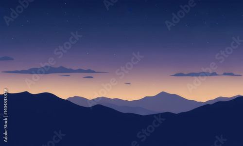 Minimal Landscape Silhouette Of Blue Mountain Ranges At Sunset With Clear Gradient Sky Horizon