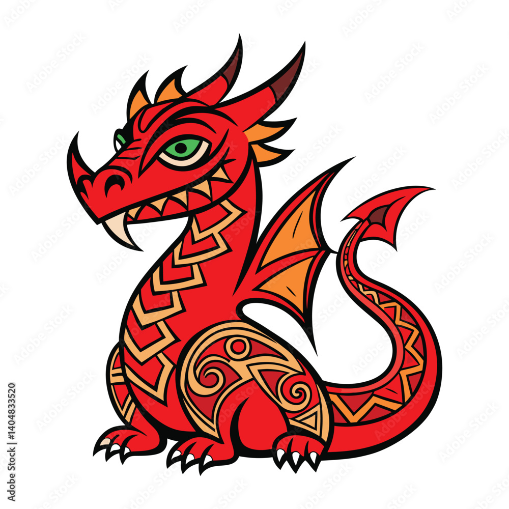 red large dragon tribal tattoo Maori ethnic style. red large dragon tribal tattoo Maori ethnic style.