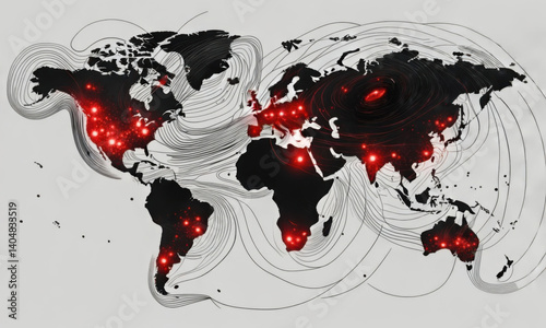 Black And White World Map With Red Glowing Points Indicating Global Conflict Zones And Distress Areas