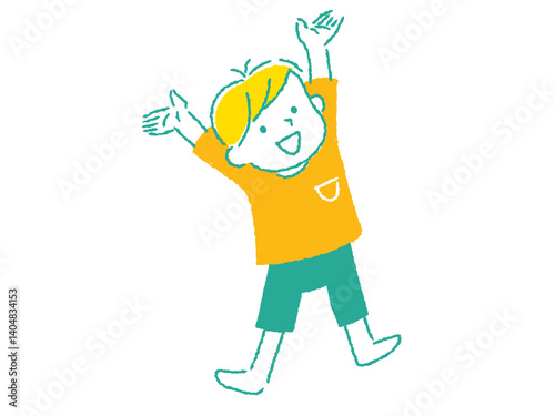 両手を上げて喜ぶ男の子のイラスト　手描きタッチ