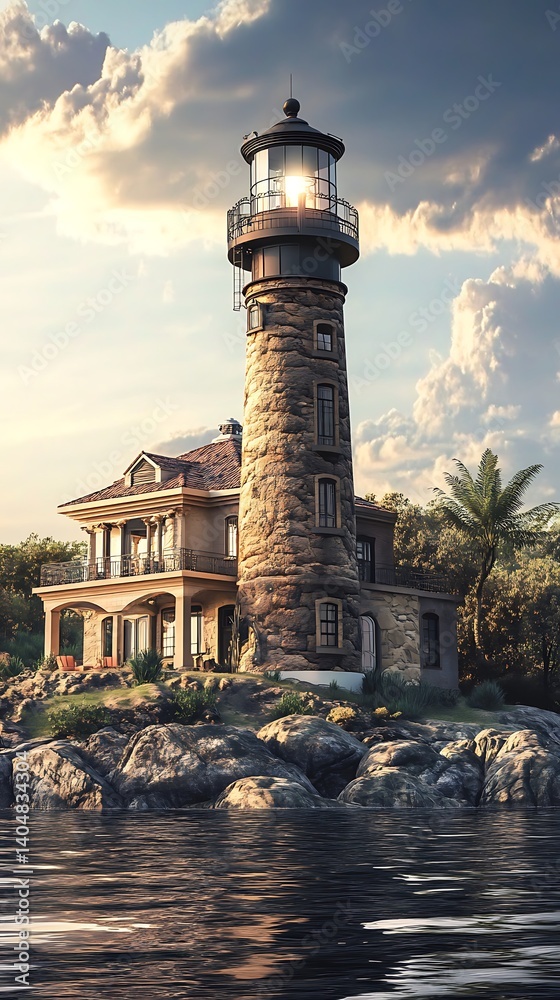 Fototapeta premium Coastal Lighthouse with House at Sunrise