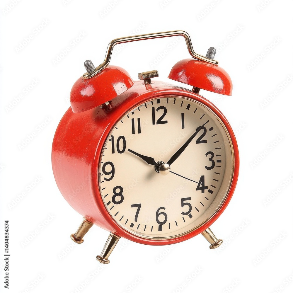 Red retro alarm clock with a round face showing 10 minutes past ten, sitting on a white background in a well lit area