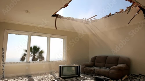 Sunlight beams through a large hole in the ceiling of an abandoned living room with a broken TV and palm trees outside the window

