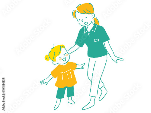 保育園の先生と女の子の喜んでいるイラスト　手描きタッチ