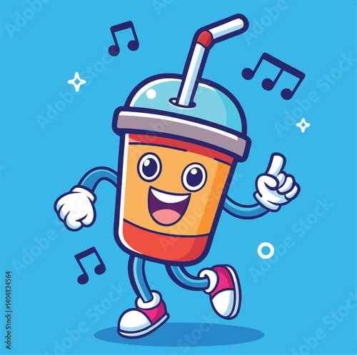 Happy Cartoon Drink Character Dancing With Music Notes On A Blue Background