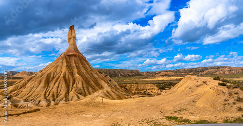 Castildetierra rock formation dominating bardenas reales desert landscape in navarre, spain