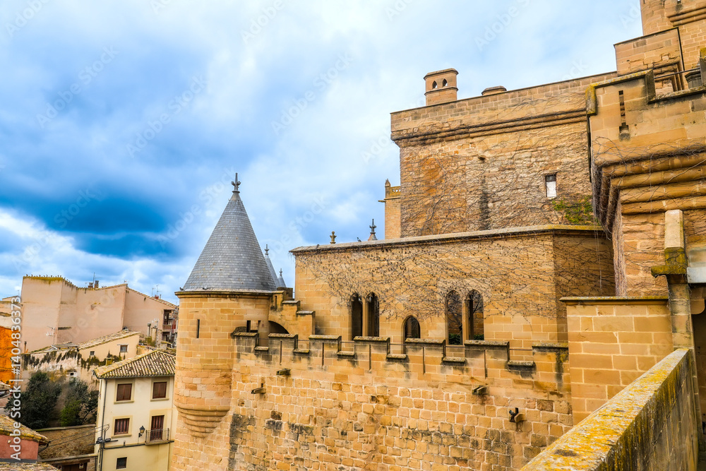 Royal palace of olite showing towers and fortified walls in navarre, spain