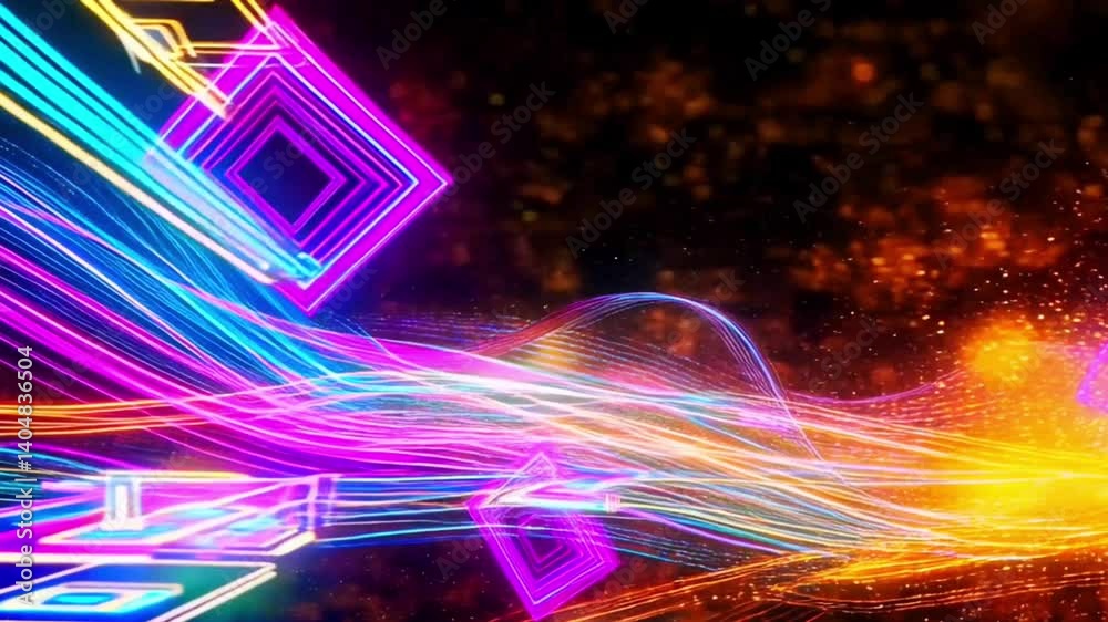 Neon Fly Abstract Background Loop Animation 4K Vibrant glowing lines, particles, geometric elements move dynamically in bright neon colors Perfect for music visualizers, EDM backgrounds, tech intro
