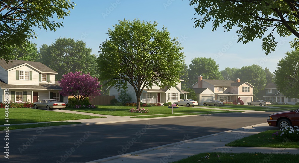 Fototapeta premium Serene Suburban Street Peaceful Neighborhood Homescape Illustration