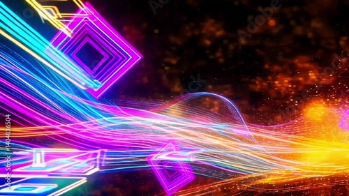 Neon Fly Abstract Background Loop Animation 4K Vibrant glowing lines, particles, geometric elements move dynamically in bright neon colors Perfect for music visualizers, EDM backgrounds, tech intro