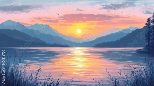 Tranquil sunset painted over a serene lake surrounded by distant mountains