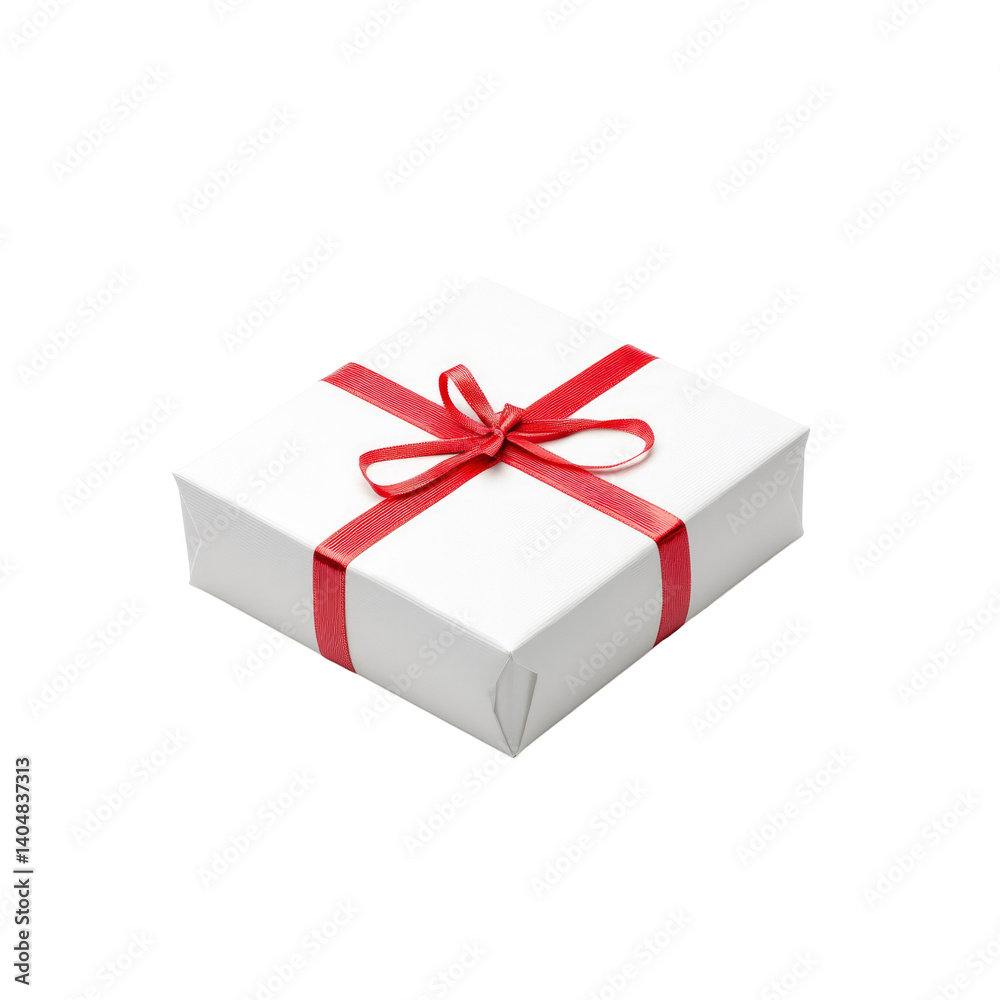 Fototapeta premium White Gift Box with Red Ribbon Bow - Present Packaging