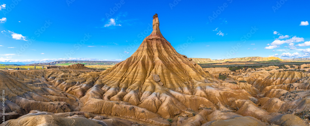 Castildetierra rock formation dominating bardenas reales desert landscape in navarre, spain