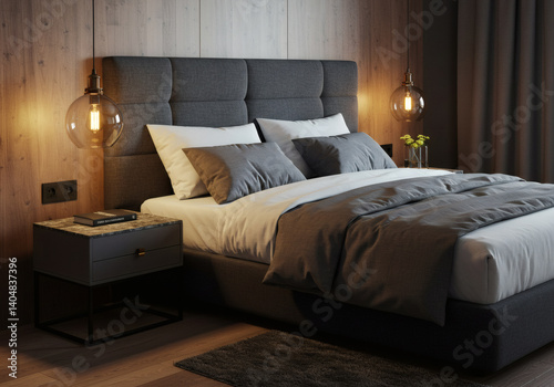 Side view of plush bed with polished stone nightstands and warm pendant lighting