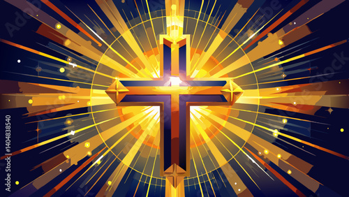 Religious cross in abstract wallpaper with shining gold sparkles and radiant lights. Symbolism of heaven or the resurrection.