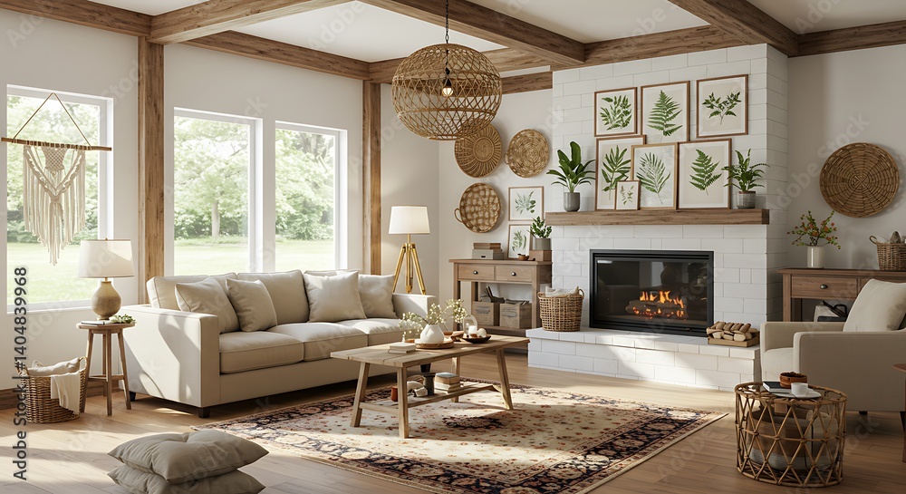 Fototapeta premium Cozy Farmhouse Living Room: 3D Render of a Sunlit Interior Design AI Generated