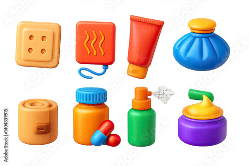 3D icon set of pain relief products: pain relief patch, heating pad, pain relief cream, ice pack, bandage, pill bottle, analgesic spray, topical ointment. 3d icon.  style in