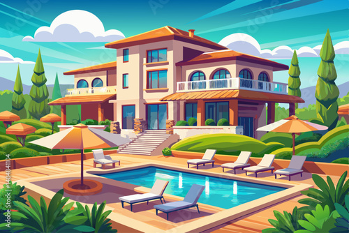 Fantastic private villa, terrace view with sunbeds under umbrellas, stunning summer style hotel with luxurious swimming pool. Beautiful spa or wellness, recreational tourism.