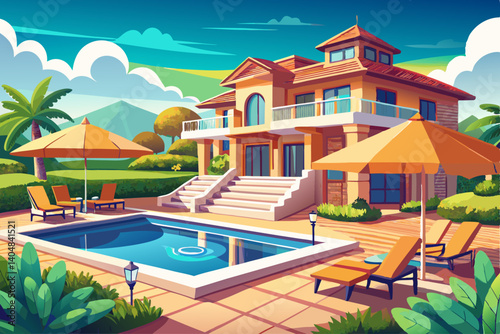 Fantastic private villa, terrace view with sunbeds under umbrellas, stunning summer style hotel with luxurious swimming pool. Beautiful spa or wellness, recreational tourism.