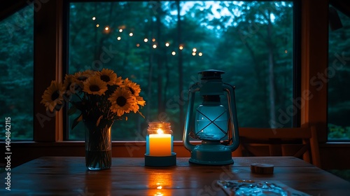 Rustic cabin interior, warm ambiance, and tranquil view.