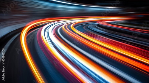 Colorful streaks of light depict a winding road at night.