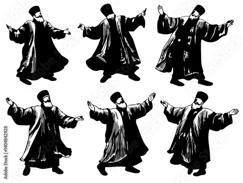 A collection of Black-and-white clipart with more color, an old-style print drawing in black ink only of an Orthodox Christian