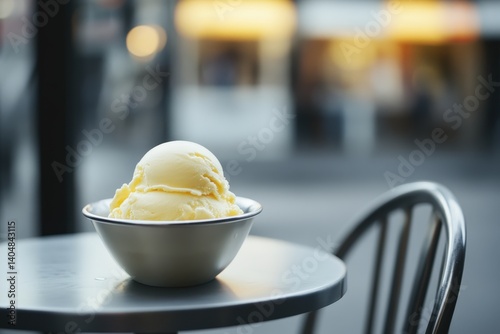 Two scoops of creamy vanilla ice cream in a small metal bowl. photo