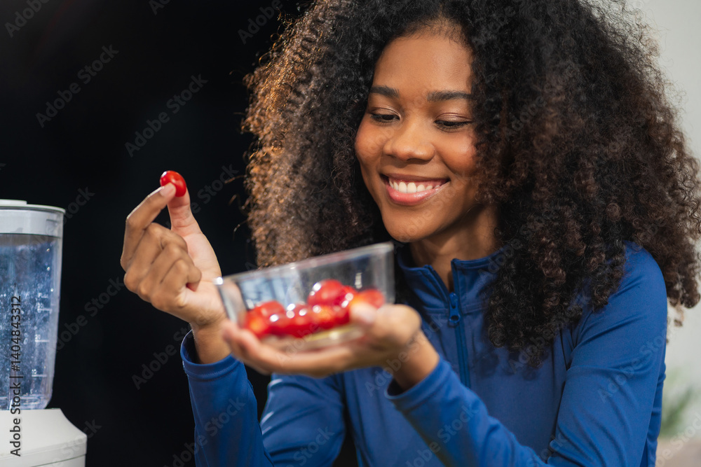 Fit woman enjoys healthy fruit breakfast after yoga training. fitness, nutrition, home lifestyle. Fit woman enjoys healthy fruit breakfast after yoga training. fitness, nutrition, home lifestyle.