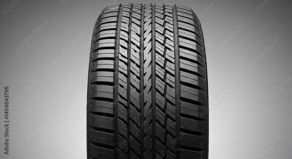 Fototapeta premium All-season tires, Close-up of an all-season tire with intricate tread design, showcasing performance features, product photography, copy space