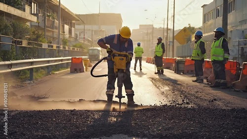 Workers using a jackhammer on a road construction site during sunset.