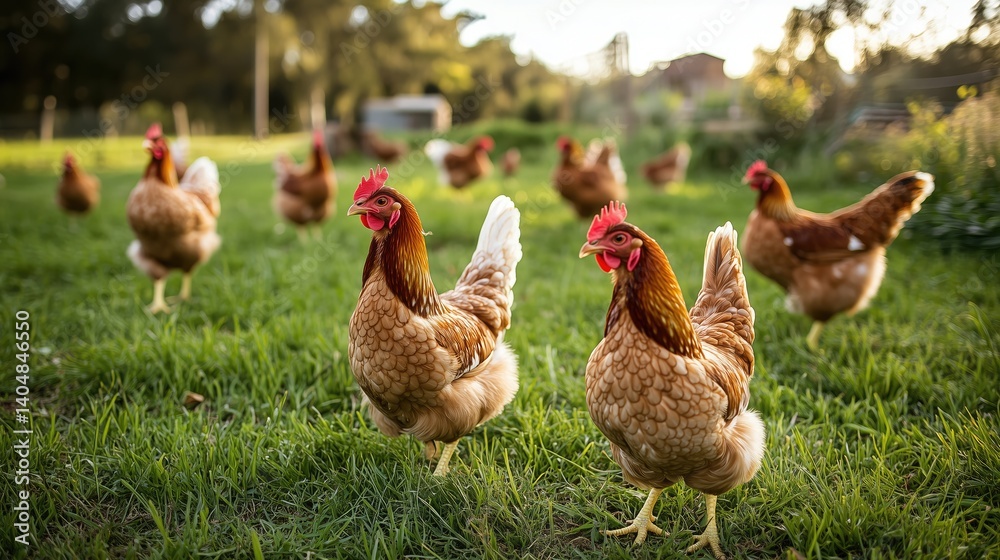 Fototapeta premium Brown chickens grazing freely in a sunny green farm pasture
