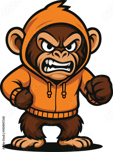 AI-generated cartoon of an angry monkey in an orange hoodie, perfect for any bold, expressive drawing or stock photo collection.