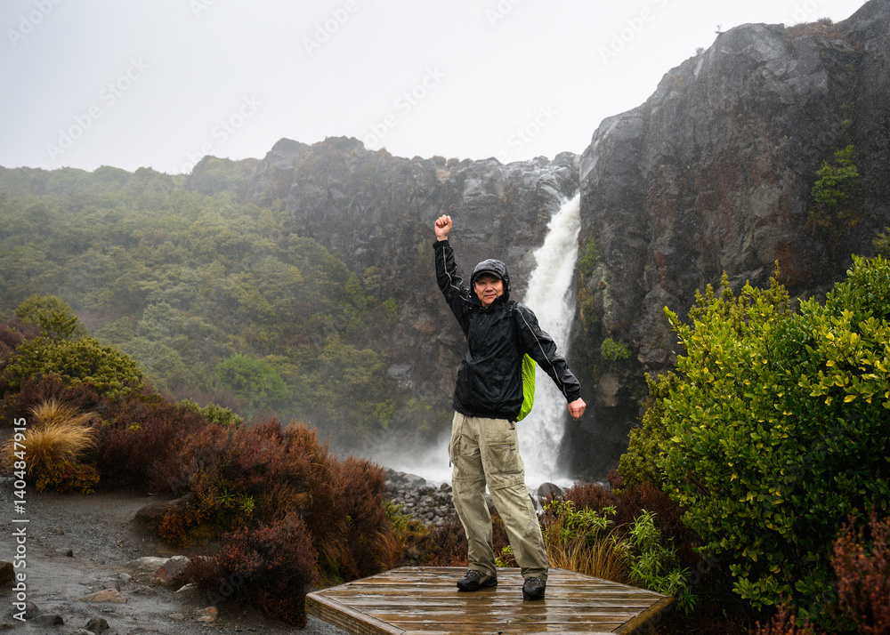 Tourist posing for fun photos at Taranaki Falls in the rain. Tongariro National Park. New Zealand.