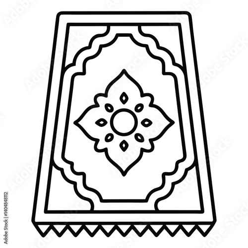 Islamic Prayer Rug, Traditional Design, Black Outline, Floral Pattern, Simple Illustration