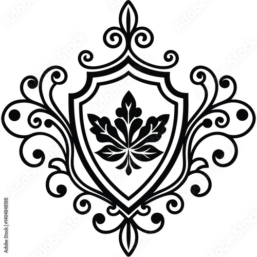 A monochrome heraldic shield design. Intricate swirls and flourishes frame a central maple leaf emblem. Classic, elegant, and symbolic.