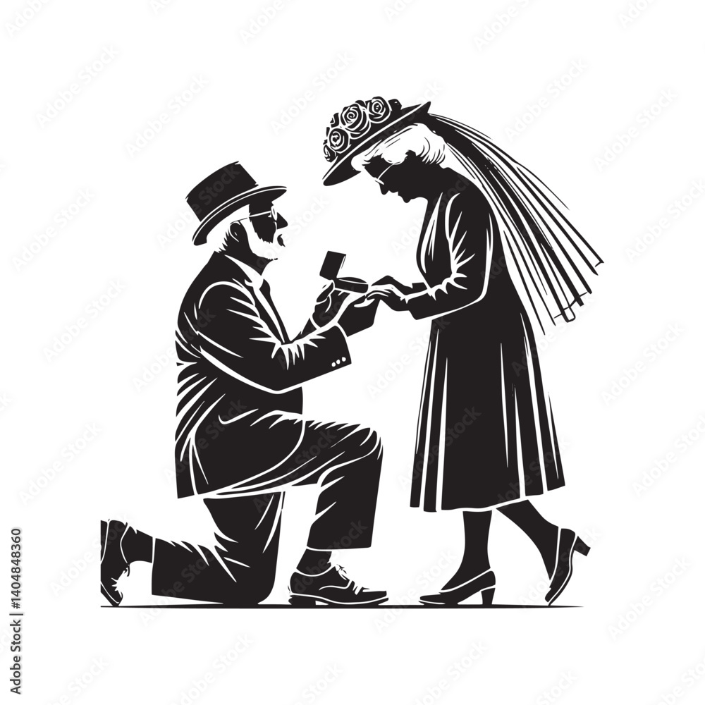 Fototapeta premium Old couple proposing Vector - Minimalist Old couple proposing Silhouette - Old couple proposing illustration.