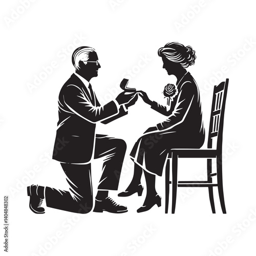 Old couple proposing Vector - Minimalist Old couple proposing Silhouette - Old couple proposing illustration.
