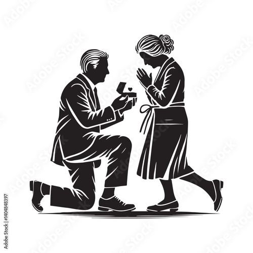 Old couple proposing Vector - Minimalist Old couple proposing Silhouette - Old couple proposing illustration.