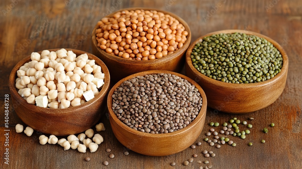 Plant-based protein sources like lentils, tofu, and chickpeas in bowls Plant-based protein sources like lentils, tofu, and chickpeas in bowls