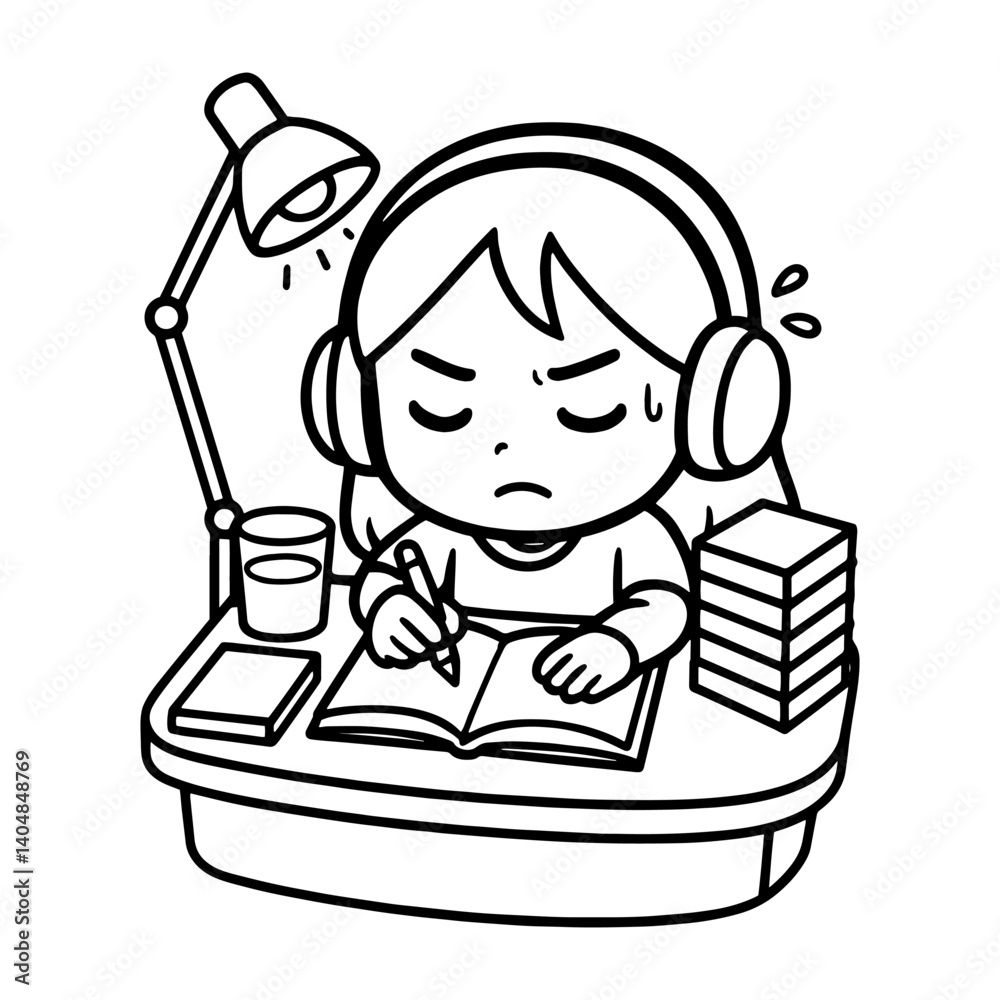 Fototapeta premium A cartoon illustration of a student wearing headphones, looking stressed while studying at a desk with books and a lamp. Line art.