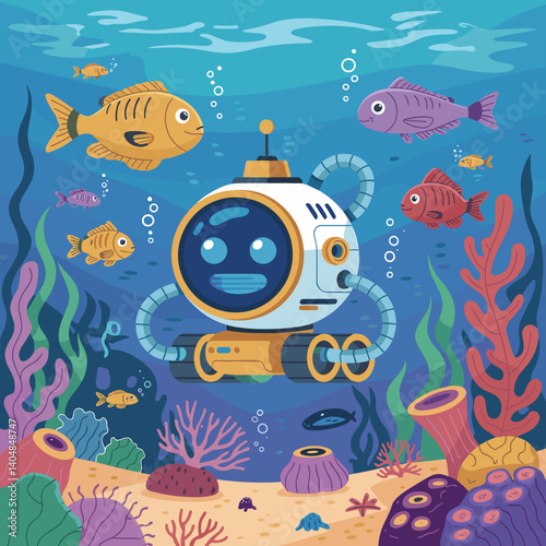 Cute Underwater Robot Exploring Colorful Coral Reef Scene