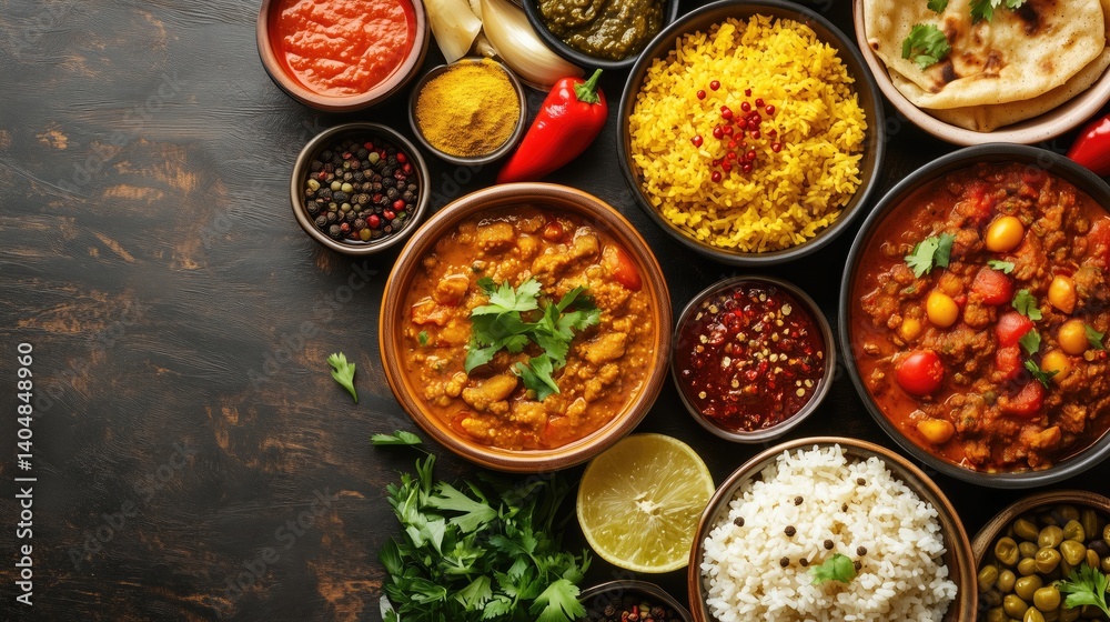 Assorted indian dishes with basmati rice, curry, naan, and spices on wooden table